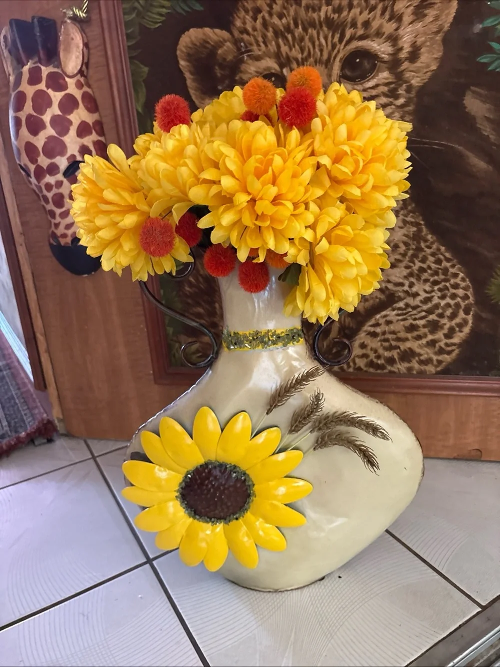 Yellow Sunflower metal  holder with 3-D sunflower/ Yellow Floral Arrangement